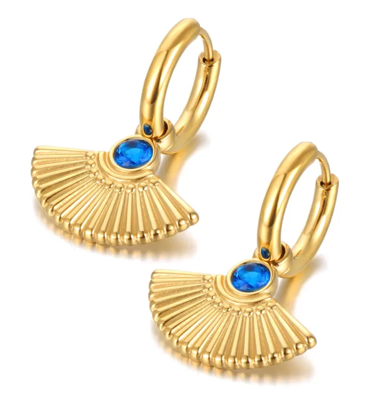 Gold Stainless Steel Fan Shape Hoop Earrings With Blue Stone