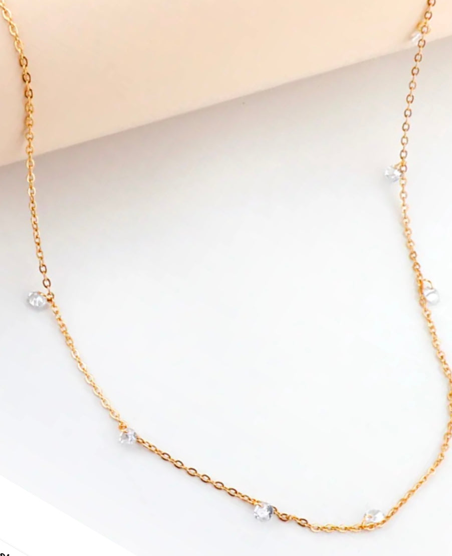 Stainless Steel Necklace Chain With Cubic Zirconia Stone Gold