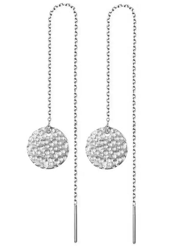 Long Drop Thread Chain Earrings With Disc Dangle Pendant Silver Stainless Steel Silver