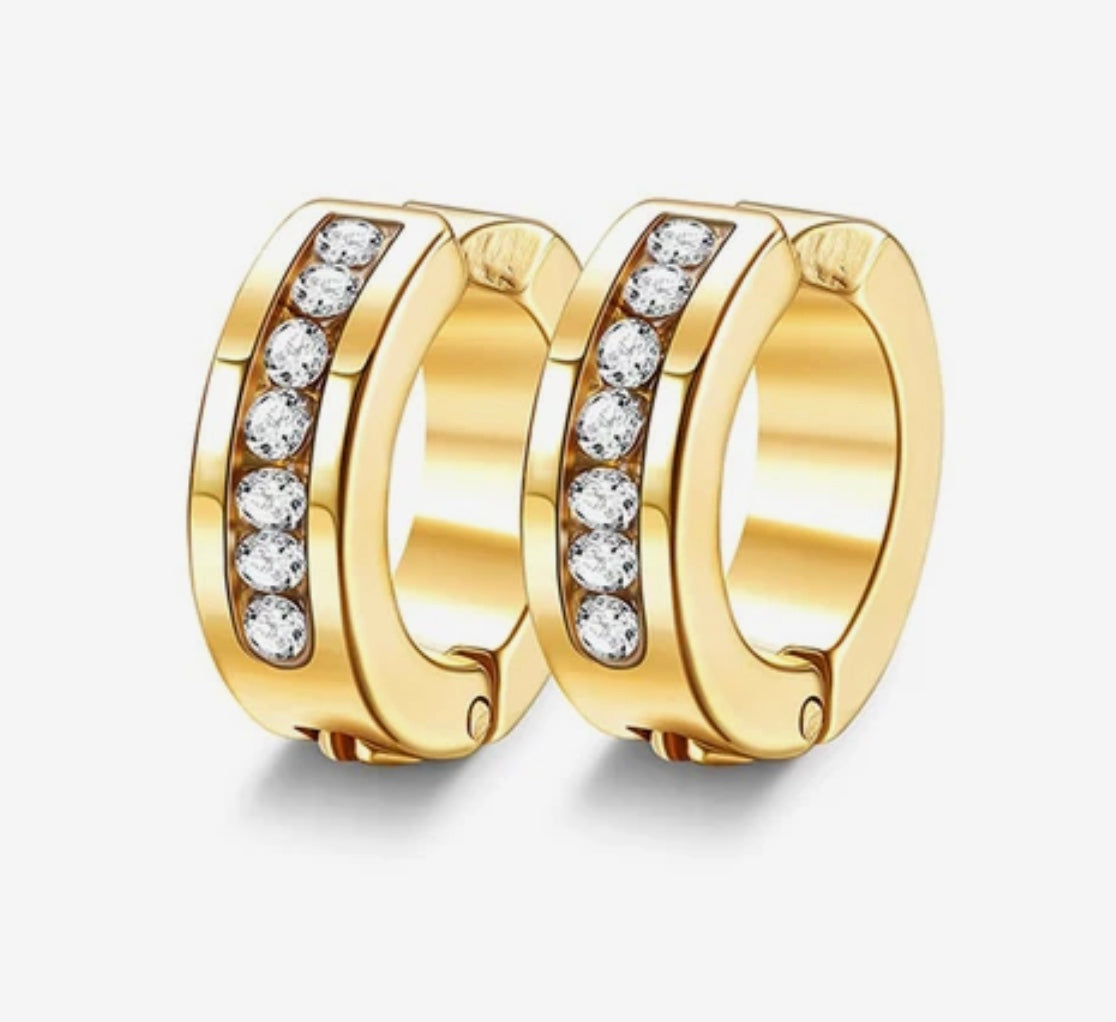 Stainless Steel Hoop Clip On Earrings With Cubic Zirconia Gold