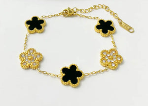 Stainless Steel Gold Plated Flower Crystal Bracelet Black