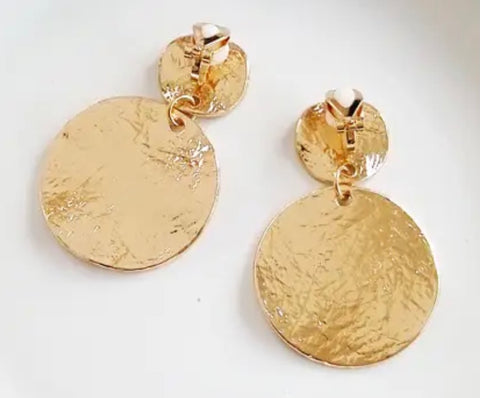 Round Metal Drop Clip On Earrings Gold