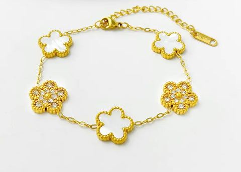 Stainless Steel Gold Plated Flower Crystal Bracelet White