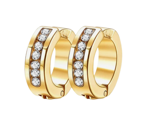 Stainless Steel Hoop Clip On Earrings With Cubic Zirconia Gold