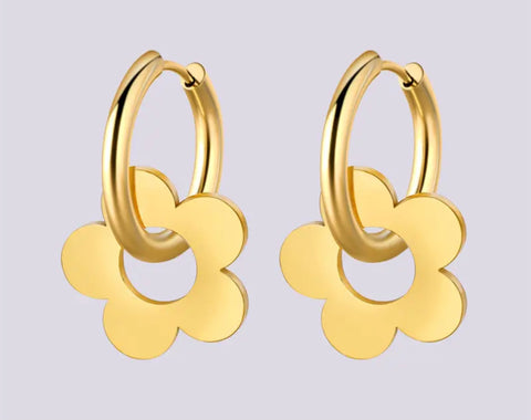 Small Stainless Steel Hoop Earring With Detachable Metal Daisy Gold