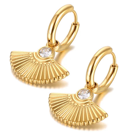 Gold Stainless Steel Fan Shape Hoop Earrings With Crystal Stone