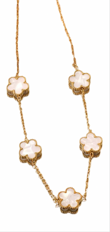 Stainless Steel 5 Flower Necklace With White Shell Flowers Gold