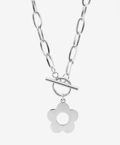 Flower Blossom Stainless Steel Toggle Necklace Silver