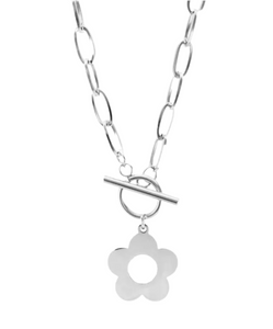 Flower Blossom Stainless Steel Toggle Necklace Silver