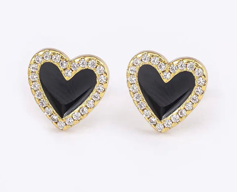Small Copper Heart Stud Earring With Cubic Zirconia Trim Black