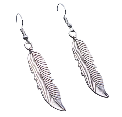Feather Pendant Earrings Stainless Steel Silver