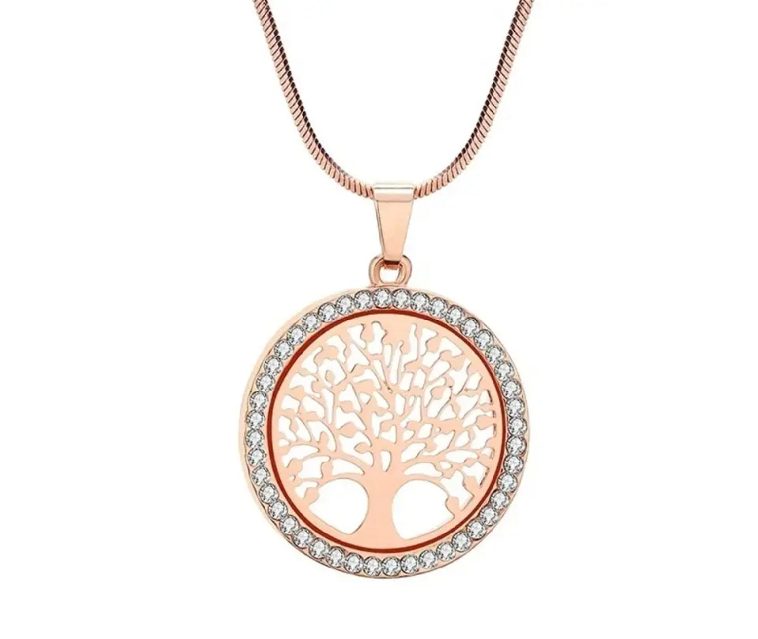 Rose Gold Tree Of Life Pendant With Crystal Surround On Snake Chain