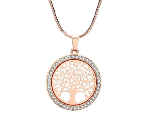 Rose Gold Tree Of Life Pendant With Crystal Surround On Snake Chain
