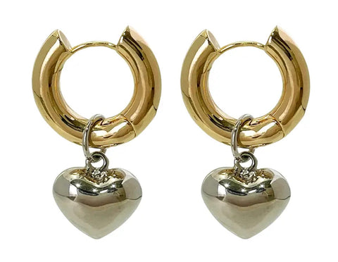 Stainless Steel Gold Hoop With Silver Heart Earrings
