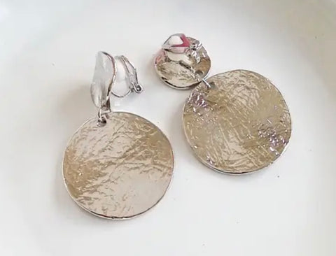 Round Metal Drop Clip On Earrings Silver