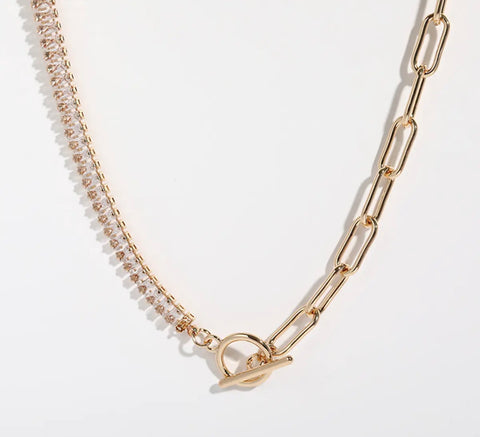 Half And Half Gold Chain With Crystal Choker Necklace Toggle Style