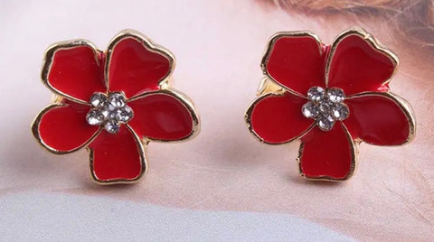 Enamel Flower Clip On Earring Red With Crystal Centre
