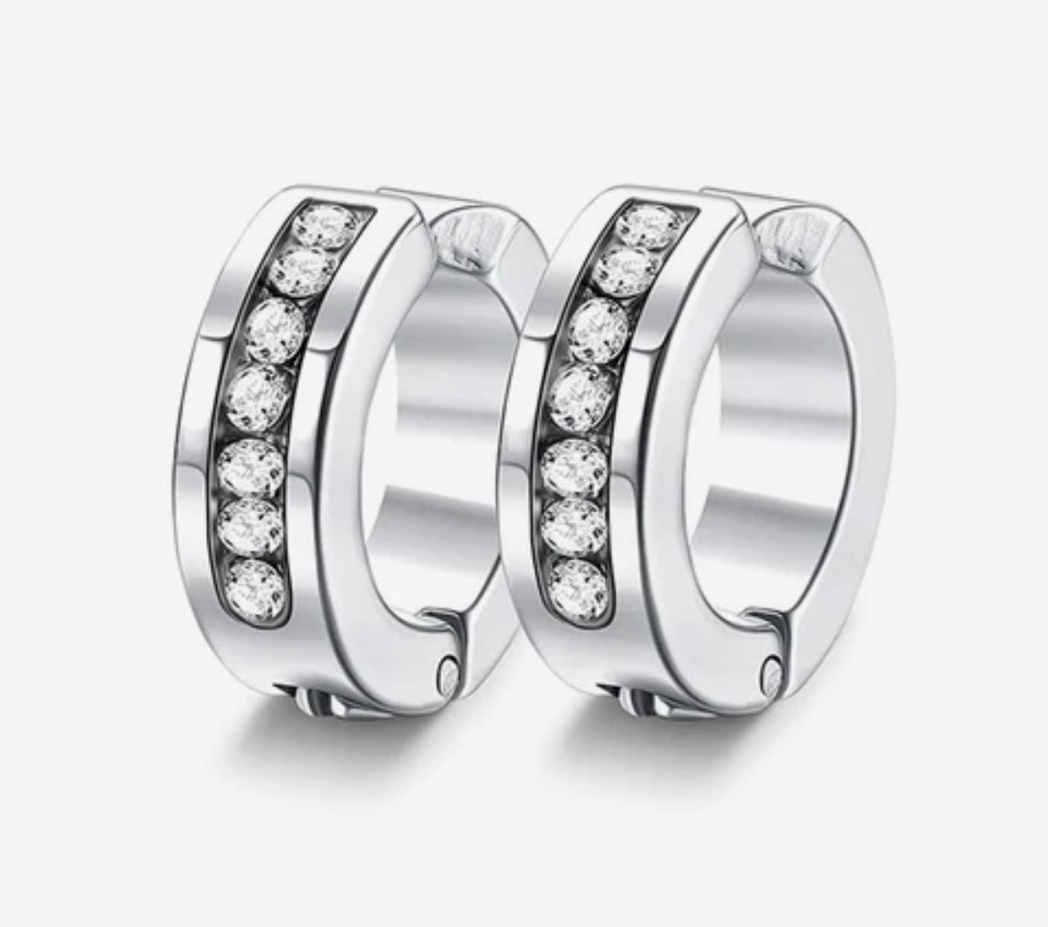 Stainless Steel Hoop Clip On Earrings With Cubic Zirconia Silver