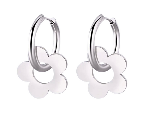 Small Stainless Steel Hoop Earring With Detachable Metal Daisy Silver