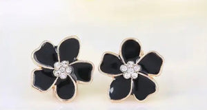 Enamel Flower Clip On Earring Black With Crystal Centre