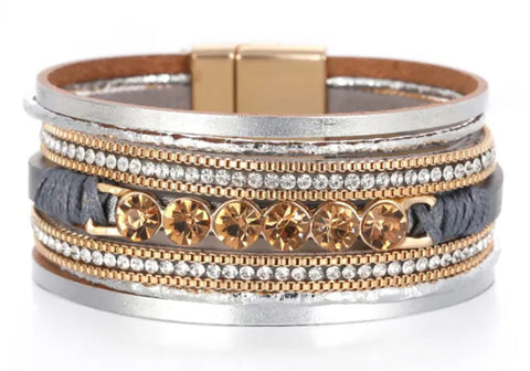 Multilayer Magnetic Clasp Bracelet With Bronze Stones Silver