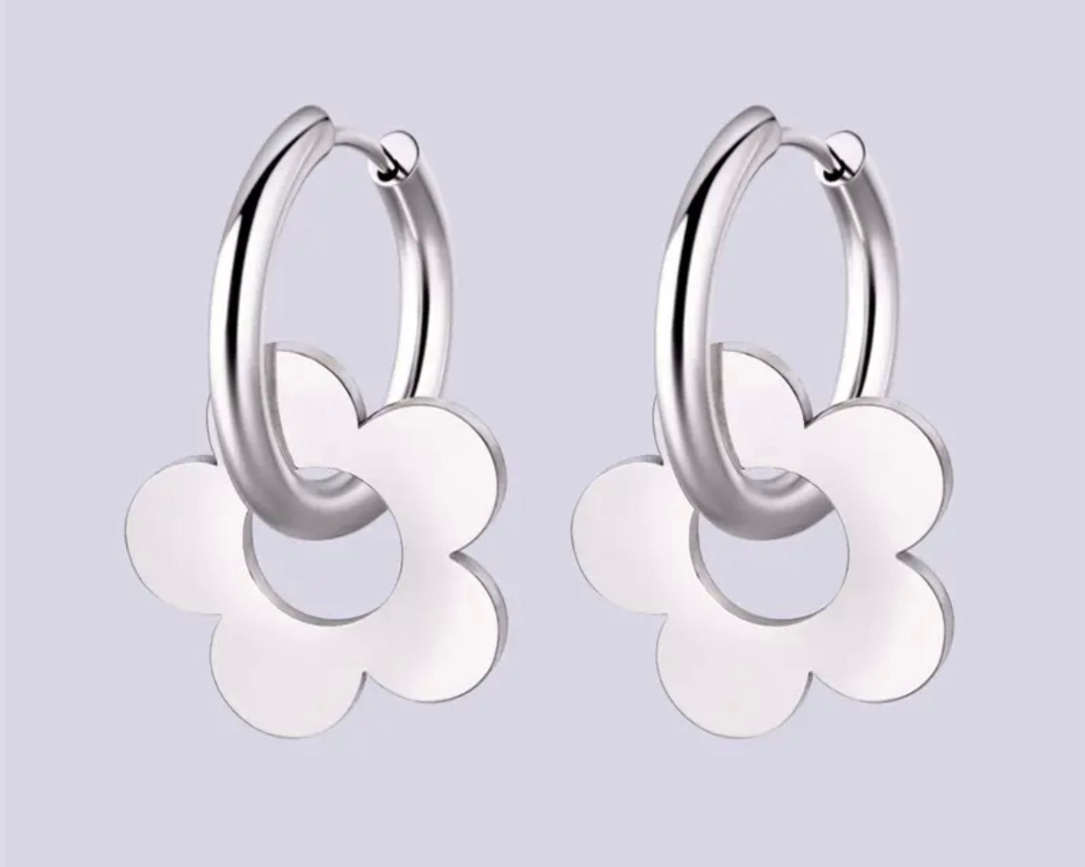 Small Stainless Steel Hoop Earring With Detachable Metal Daisy Silver