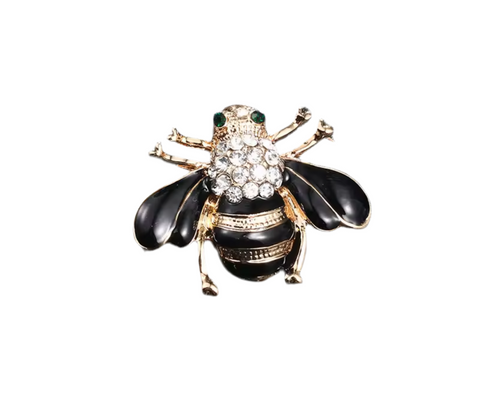 Black And Gold Buzzy Bee Pin Brooch With Clear Rhinestones