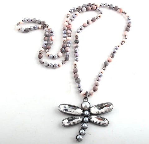 Pink Ceramic And Crystal Beaded Necklace With Silver Crystal Dragonfly Pendant