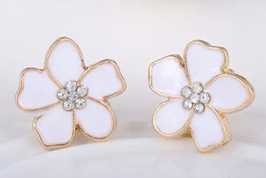 Enamel Flower Clip On Earring White With Crystal Centre