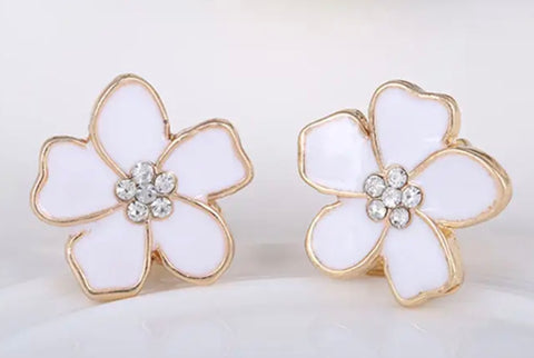 Enamel Flower Clip On Earring White With Crystal Centre