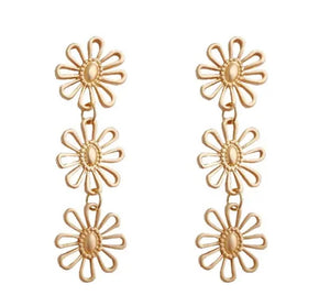 Beautiful 3 Tier Drop Matte Open Flower Sterling Post Stud Earring Gold Small