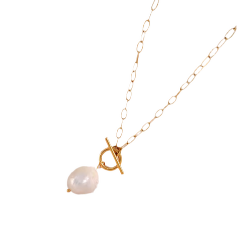 Stainless Steel Paper Clip Chain With Toggle Clasp And Pearl Pendant Gold