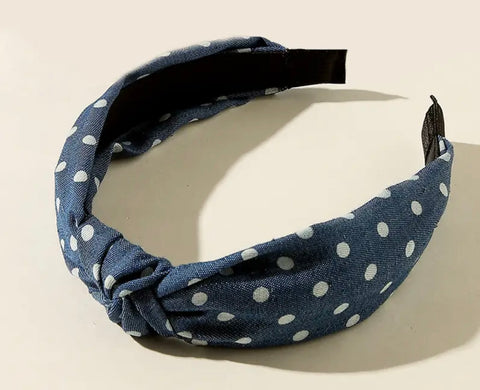 Knotted Fabric Headband Denim With White Spots
