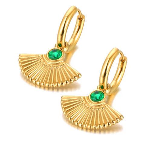 Gold Stainless Steel Fan Shape Hoop Earrings With Green Stone