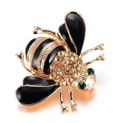 Black And Gold Buzzy Bee Pin Brooch With Rhinestones