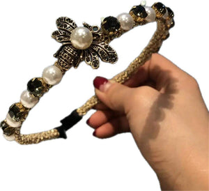 Single Buzzy Bee With Pearl And Crystal Narrow Headband Gold