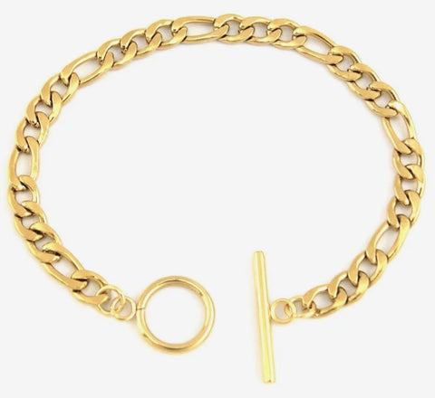Stainless Steel Figaro Design Toggle Link Bracelet Gold
