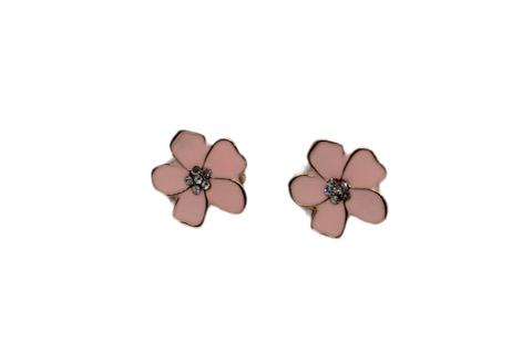 Enamel Flower Clip On Earrings Pink With Crystal Centre