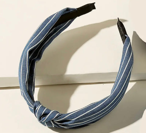 Knotted Fabric Headband Denim Colour With White Stripes