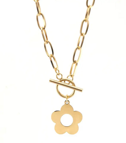 Flower Blossom Stainless Steel Toggle Necklace Gold