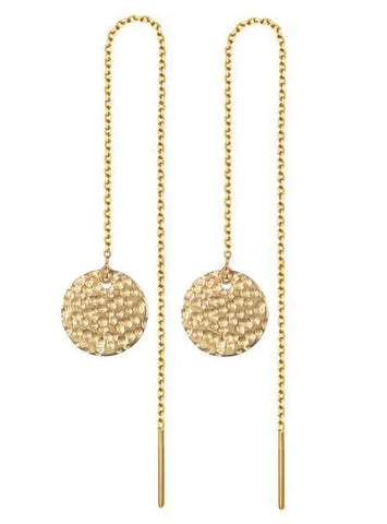 Long Drop Thread Chain Earrings With Disc Dangle Pendant Gold Stainless Steel Gold