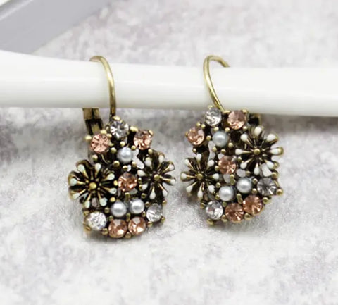 Exquisite Flower Burst Crystal And Pearl Drop Earrings Soft Pink