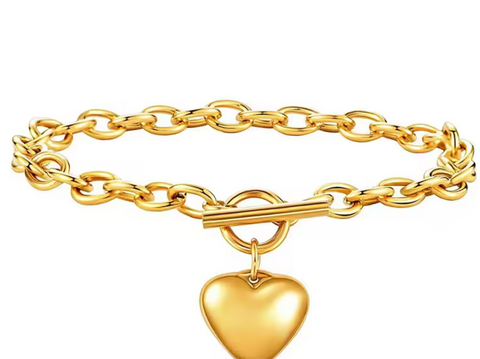 Stainless Steel Heart Pendant Toggle Chain Bracelet Gold