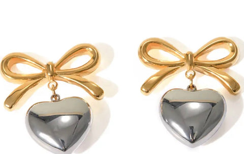 Silver Heart Drop Earrings With Gold Bow Tie Stud  Stainless Steel