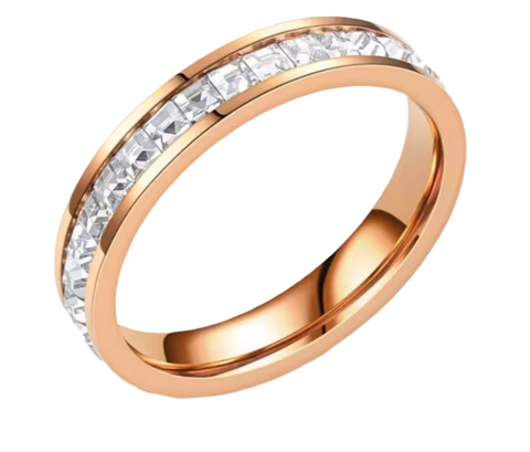 Stainless Steel Crystal Ring Band Rose Gold Size 9