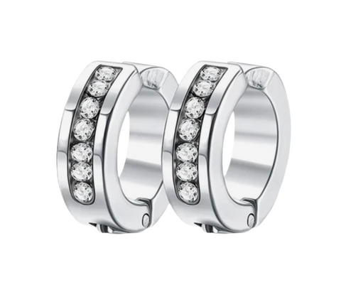 Stainless Steel Hoop Clip On Earrings With Cubic Zirconia Silver