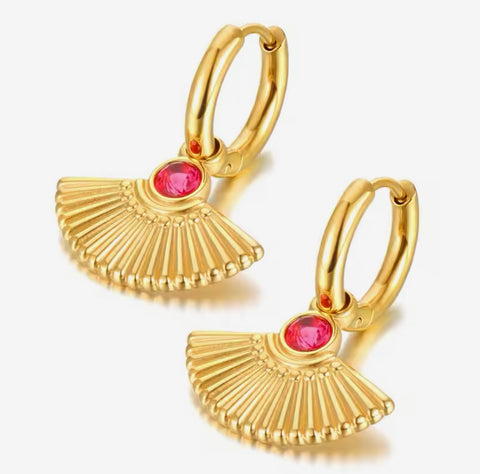 Gold Stainless Steel Fan Shape Hoop Earrings With Pink Stone