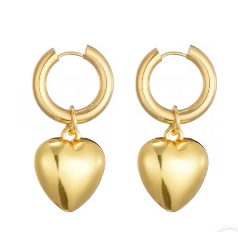 Stainless Steel Hoop Heart Drop Earrings Gold