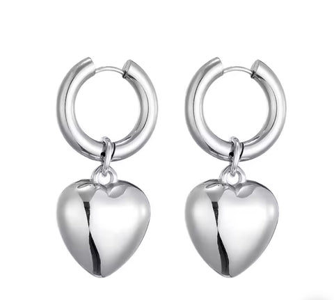 Stainless Steel Hoop Drop Heart Earrings Silver