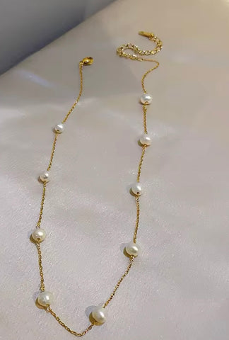 Freshwater Pearl Stainless Steel Chain Necklace Gold Plated